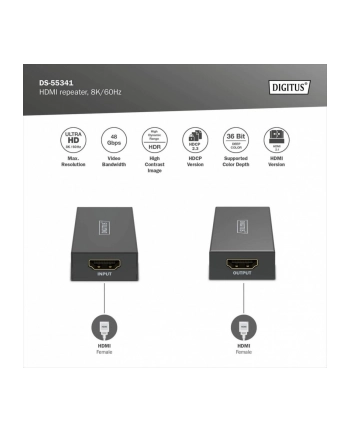 digitus Wzmacniacz sygnału (Repeater) HDMI do 10m 8K/60Hz, do 13m 4K/60Hz HDCP 2.3
