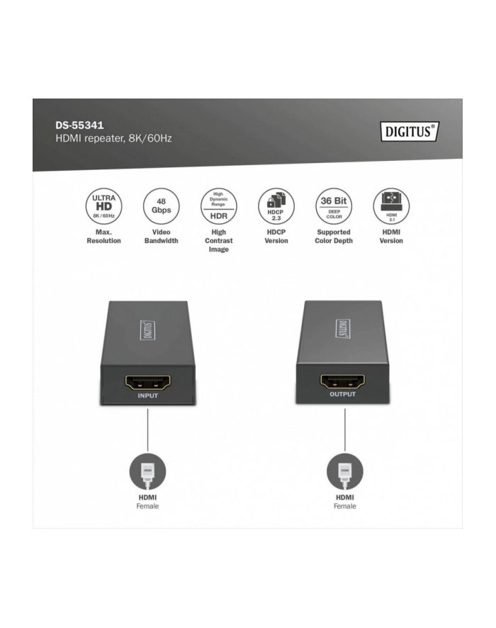 digitus Wzmacniacz sygnału (Repeater) HDMI do 10m 8K/60Hz, do 13m 4K/60Hz HDCP 2.3 główny