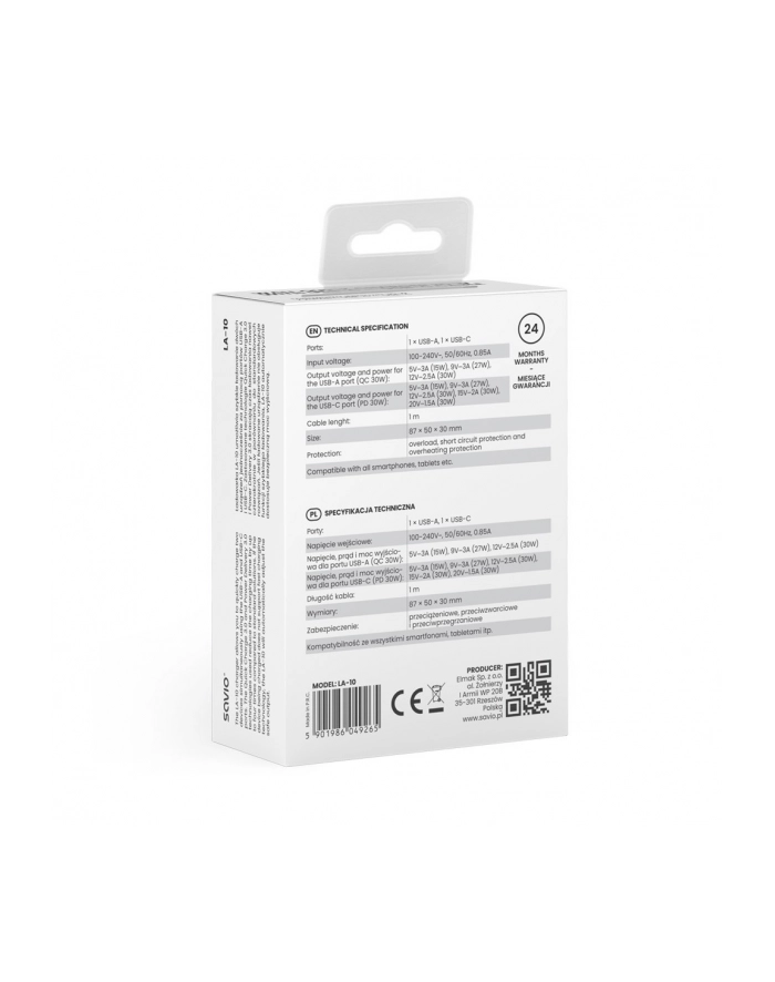 savio Ładowarka sieciowa LA-10 30W Quick Charge Power Delivery 3.0 Biała + Kabel główny