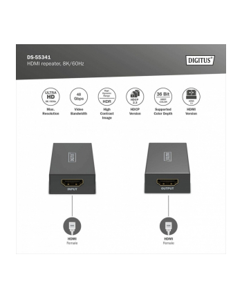 digitus Wzmacniacz sygnału (Repeater) HDMI do 10m 8K/60Hz, do 13m 4K/60Hz HDCP 2.3
