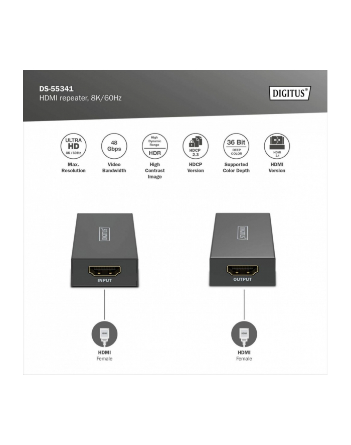 digitus Wzmacniacz sygnału (Repeater) HDMI do 10m 8K/60Hz, do 13m 4K/60Hz HDCP 2.3 główny