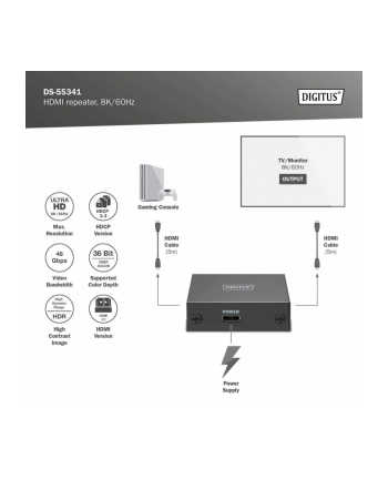 digitus Wzmacniacz sygnału (Repeater) HDMI do 10m 8K/60Hz, do 13m 4K/60Hz HDCP 2.3