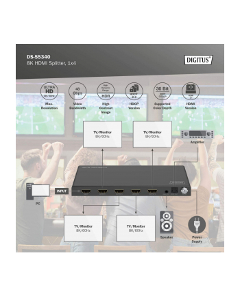 digitus Rozdzielacz/Splitter HDMI 1x4, 8K/60Hz (4:4:4) z HDR, 48 Gbps, HDCP 2.3. Toslink / Stereo, EDID nr 2