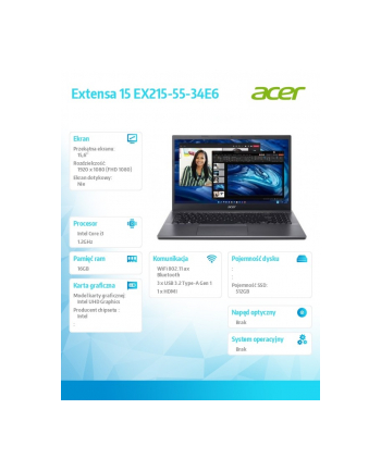 acer Laptop Extensa 15 EX215-55-34E6 i3-1215U/15.6 Full HD/16 GB/512GB SSD/NoOS