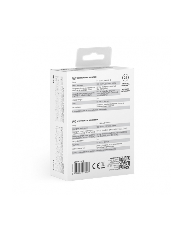 savio Ładowarka sieciowa LA-10 30W Quick Charge Power Delivery 3.0 Biała + Kabel główny