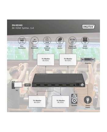 digitus Rozdzielacz/Splitter HDMI 1x4, 8K/60Hz (4:4:4) z HDR, 48 Gbps, HDCP 2.3. Toslink / Stereo, EDID