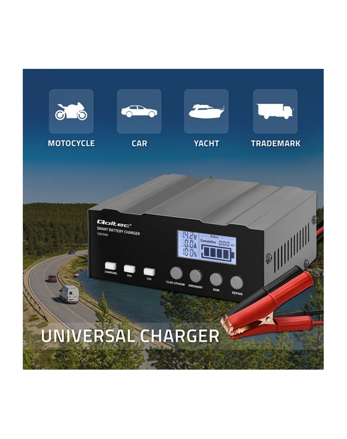 qoltec Inteligentna mikroprocesorowa ładowarka 12V | 12.6V | 24V |Prostownik z funkcją naprawy do akumulatora AGM GEL LiFePO4 | LCD główny