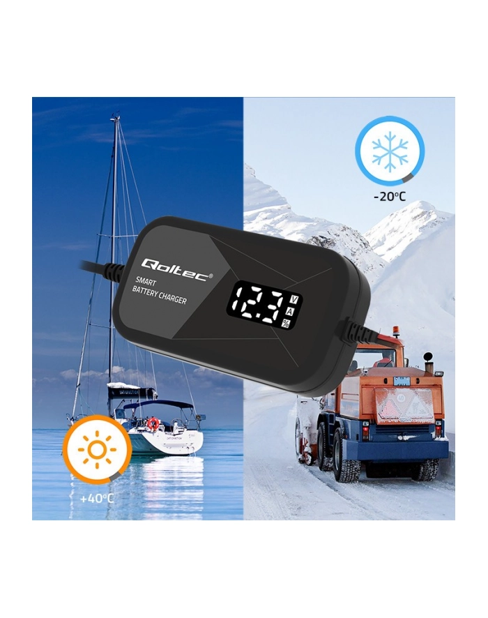 qoltec Inteligentna mikroprocesorowa ładowarka 12V | 2A | Prostownik z funkcją regeneracji ogniw do akumulatora AGM GEL | LCD główny