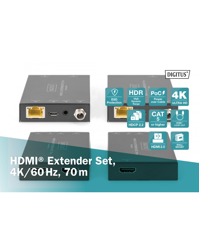 digitus Przedłużacz / Extender HDMI 70m po skrętce kat.5e/6/7 4K 60Hz PoC (Power over Cable) (zestaw) główny