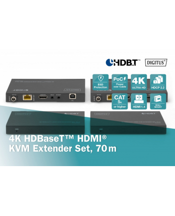 digitus Przedłużacz/Extender KVM HDMI+USB HDBaseT 70m 4K30Hz HDCP 2.2 PoC (Power over Cable) audio IR zestaw