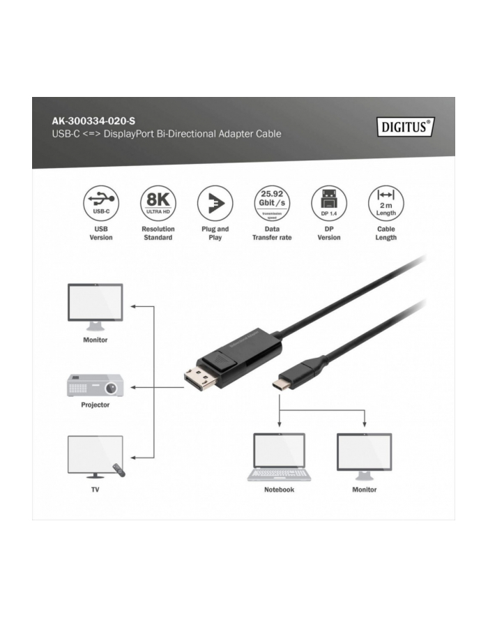 digitus Kabel adapter USB Typ C/DisplayPort dwukierunkowy 8K 30Hz 2m główny