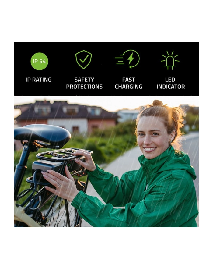 qoltec Ładowarka do roweru skutera elektrycznego 36V | 42V | 2A | 5.5*2.5 + wodoodporna + kabel zasilający główny