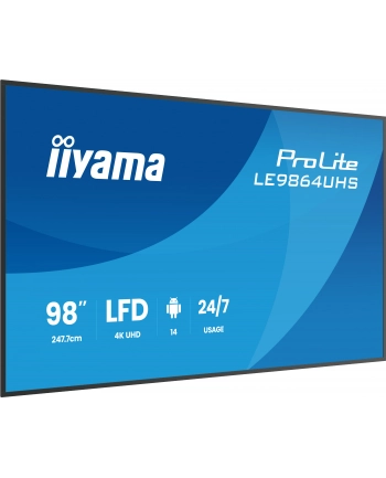 iiyama Monitor 98 '' LE9864UHS-B1AG, 24/7,VA,ANDROID14,4K,500cd,5000:1,    2xHDMI ,USB-C,RJ45, RS-232c, IR, 2x10W, 2xUSB, UCHWYT ŚCIENNY,iiSignage2,WiFi,Fa
