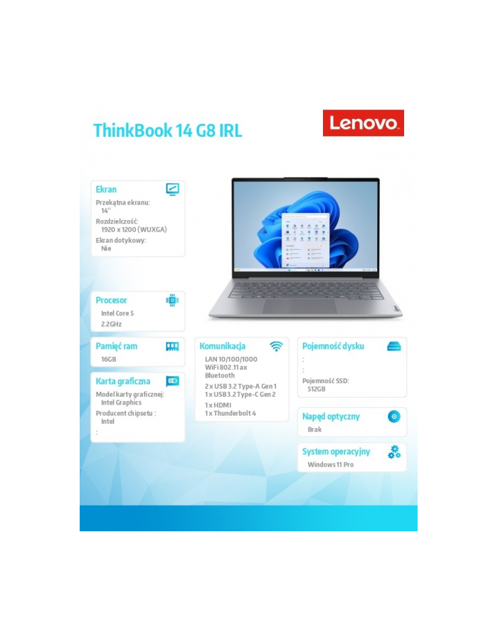 lenovo Laptop ThinkBook 14 G8 IRL 21SG0099PB W11Pro Intel 5 210H/16GB/512GB/INT/14 '' WUXGA/Arctic Grey/3YRS OS + CO2 Offset główny