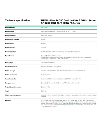 hewlett packard enterprise HPE ProLiant DL360 Gen11 Intel Xeon Silver 4510 2.4GHz 12c 1P 2x32GB-R 4LFF 2x960GB SSD NC BCM5719 2x800W PS EU Server