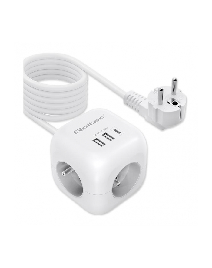 Kostka zasilająca Qoltec przedłużacz 6w1 z podświetlanym włącznikiem | 3x AC | 2x USB | 1x USB-C PD 20W | Biała | Kabel 2m główny