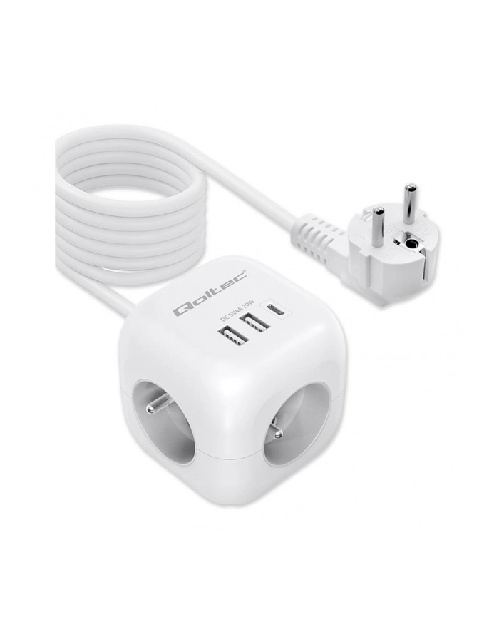 Kostka zasilająca Qoltec przedłużacz 6w1 z podświetlanym włącznikiem | 3x AC | 2x USB | 1x USB-C PD 20W | Biała | Kabel 2m główny