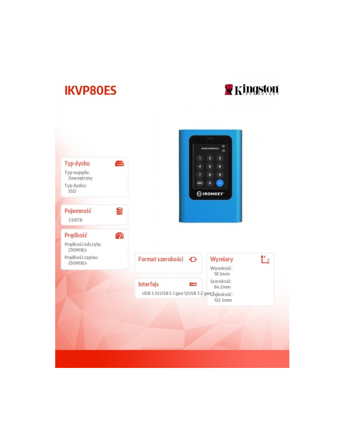 kingston Zewnętrzny dysk SSD IKVP80ES 7680GB USB3.2 Gen1 Szyfrowany główny
