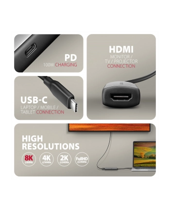 axagon RVC-HI8KPD Adapter aktywny USB-C -> HDMI 8K/60Hz, Aluminum, PD100W, 16cm kabel