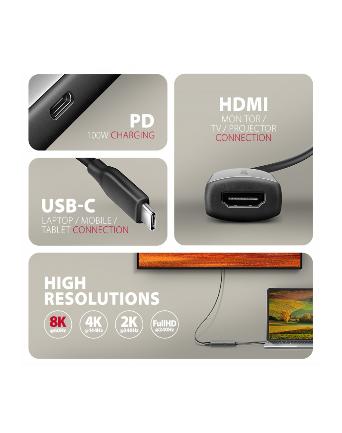 axagon RVC-HI8KPD Adapter aktywny USB-C -> HDMI 8K/60Hz, Aluminum, PD100W, 16cm kabel główny
