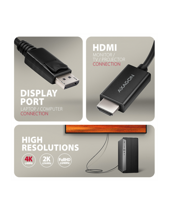 axagon RVD-HI20C2 Adapter aktywny DisplayPort -> HDMI 1.4, 4K/60Hz, kabel 1,8m główny