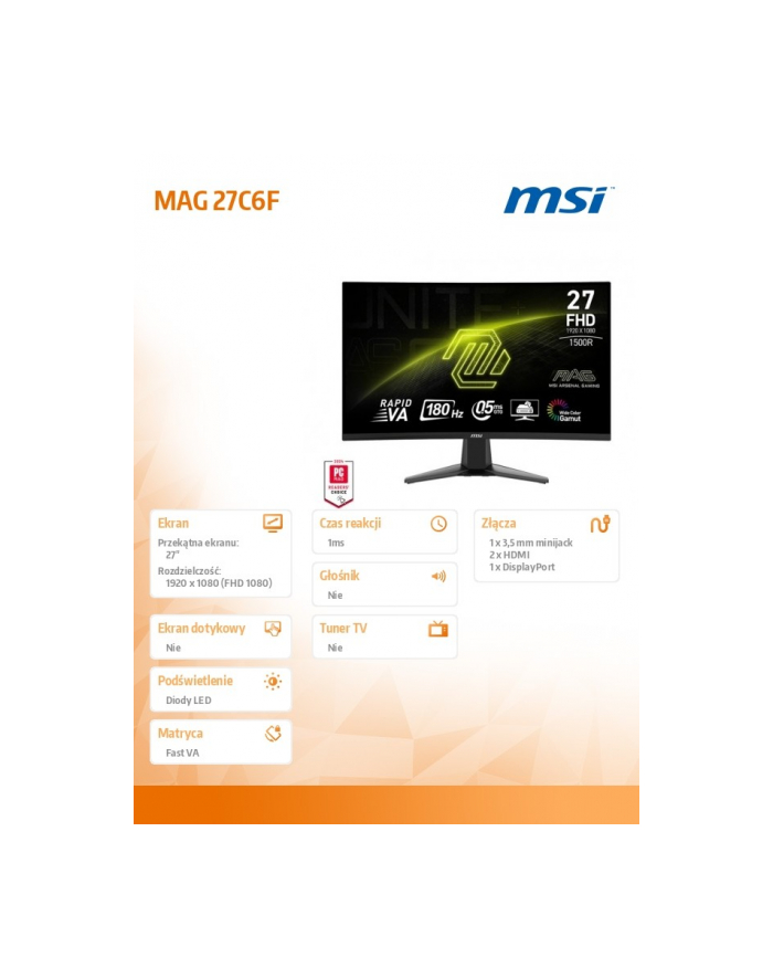 msi Monitor  MAG 27C6F 27 ''/LED/FHD/Curv/180Hz/Black główny
