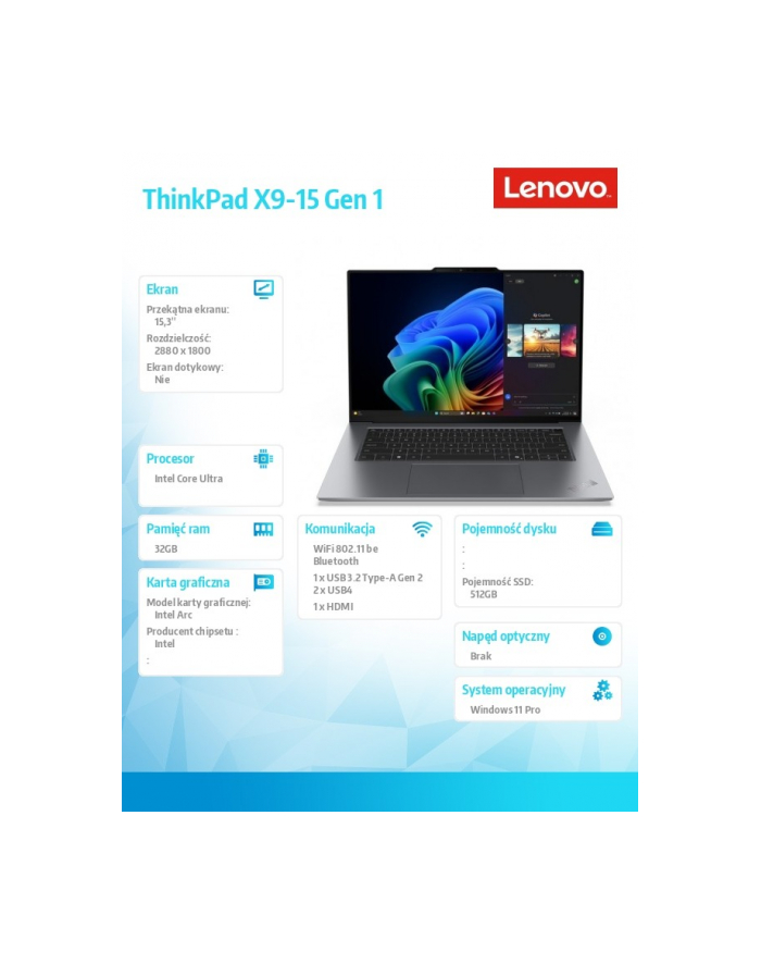 lenovo Ultrabook ThinkPad X9 G1 21Q6001VPB W11Pro Ultra 5 228V/32GB/512GB/INT/15.3 cala OLED/Thunder Grey/3YR Premier NBD + CO2 Offset główny