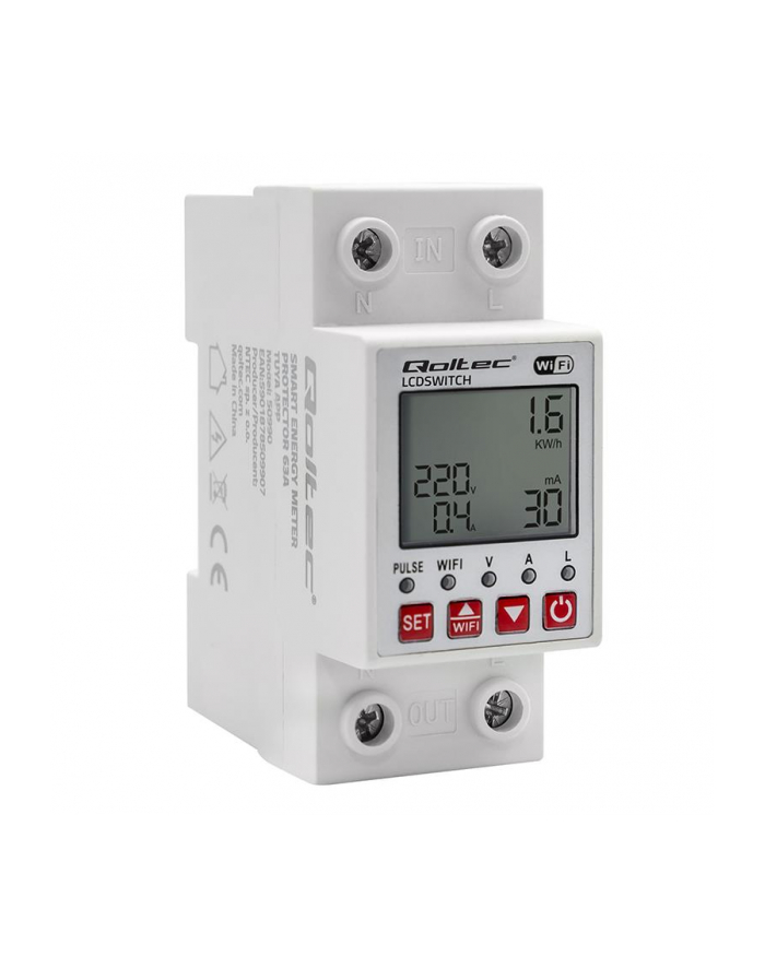 Przekaźnik Qoltec 63A na szynę DIN z licznikiem energii elektyrcznej | Timer | TUYA | Wi-Fi | LED główny