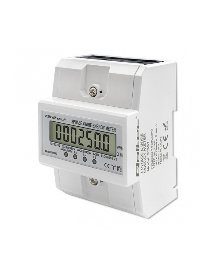 Miernik zużycia enrgii Qoltec na szynę DIN | Trójfazowy elektroniczny licznik | 400V | 100A | LCD | 4P główny