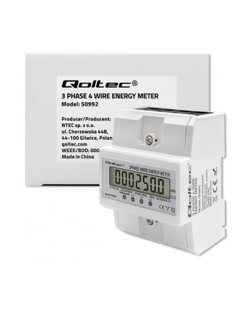 qoltec Trójfazowy elektroniczny licznik | miernik zużycia energii na szynę DIN | 400V | 100A | LCD | 4P