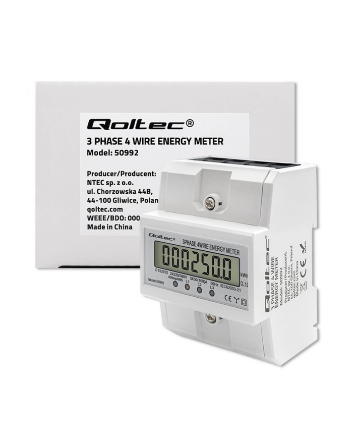 qoltec Trójfazowy elektroniczny licznik | miernik zużycia energii na szynę DIN | 400V | 100A | LCD | 4P główny