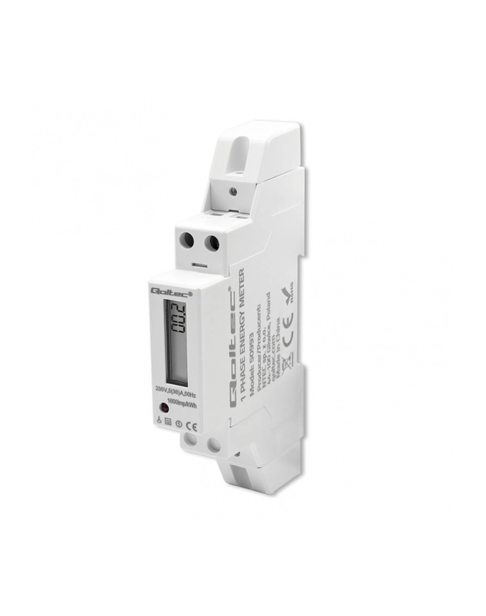 Miernik zużycia energii Qoltec na szynę DIN | Jednofazowy elektroniczny licznik | 230V | 30A | LCD | 1P główny