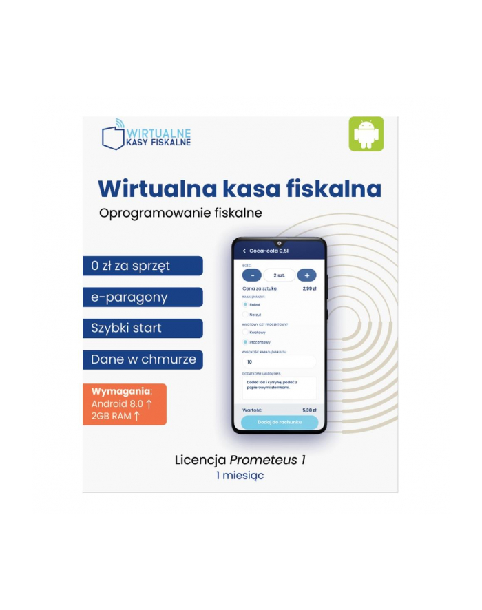 wirtualne kasy fiskalne Licencja ESD Wirtualna kasa fiskalna Oprogramowanie fiskalne PROMETEUS1 1 miesiąc główny