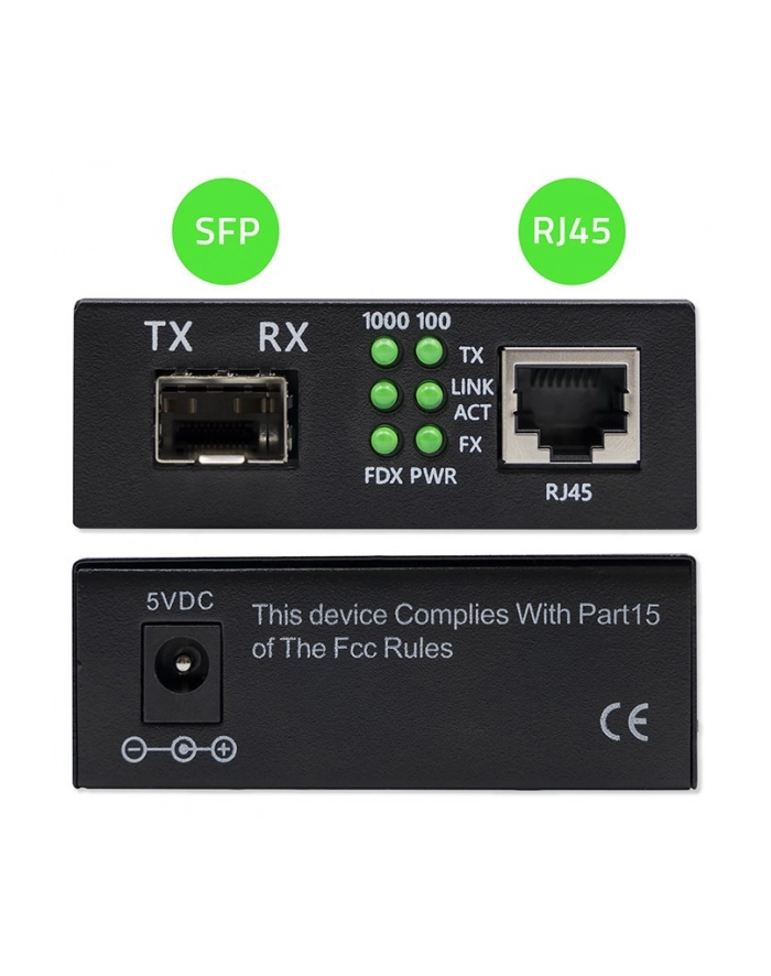 qoltec Dwukierunkowy Media Konwerter SWITCH Ethernet 1x RJ45 1x SFP |   1000Mb/s | 5V główny