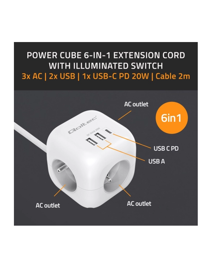 qoltec Kostka zasilająca przedłużacz 6w1 z podświetlanym włącznikiem |  3x AC | 2x USB | 1x USB-C PD 20W | biała | kabel 2m główny