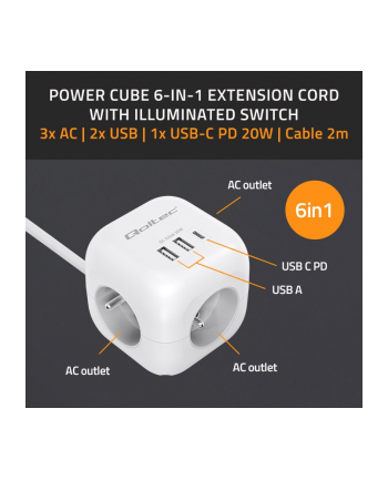 qoltec Kostka zasilająca przedłużacz 6w1 z podświetlanym włącznikiem |  3x AC | 2x USB | 1x USB-C PD 20W | biała | kabel 2m