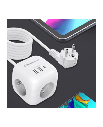 qoltec Kostka zasilająca przedłużacz 6w1 z podświetlanym włącznikiem |  3x AC | 2x USB | 1x USB-C PD 20W | biała | kabel 2m