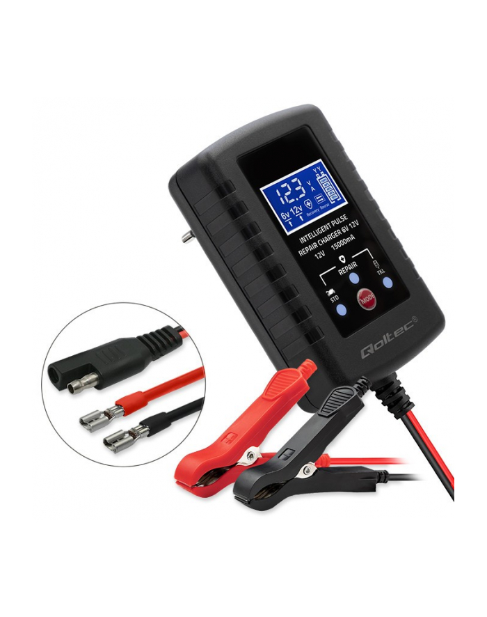 qoltec Automatyczna ładowarka do akumulatora AGM GEL STD 6V/12V | 2A |  Prostownik z funkcją naprawy i wyświetlaczem LED główny