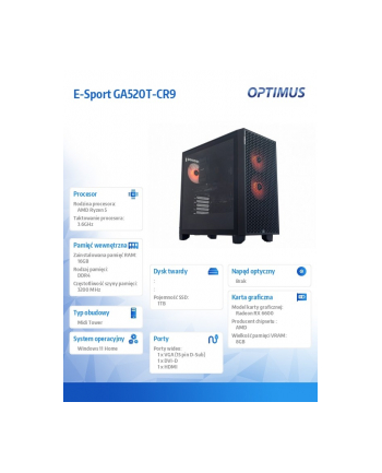 optimus Komputer E-Sport GA520T-CR9 Ryzen 5 3600/16GB/1TB/RX 6600 8GB/W11H