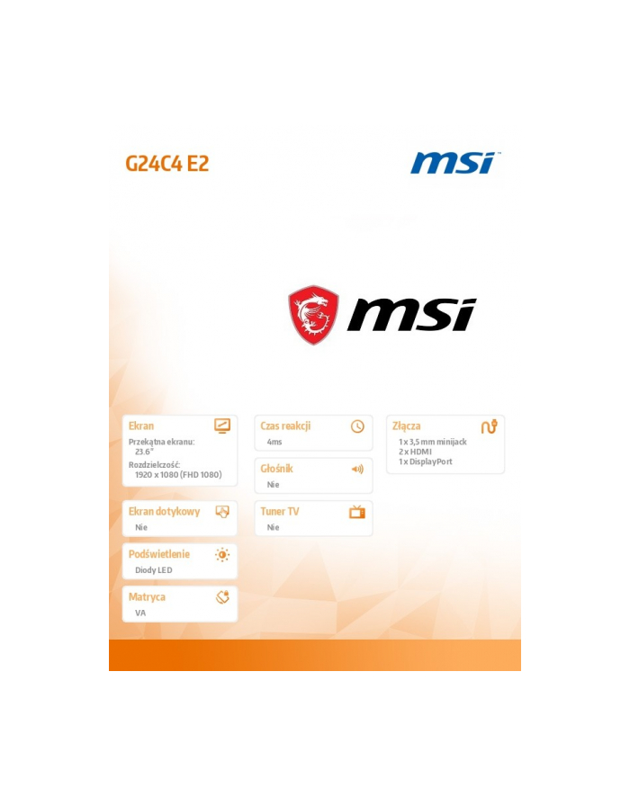 msi Monitor 23.6 cala G24C4 E2 LED/FHD/Curved/180Hz/BIAŁY główny