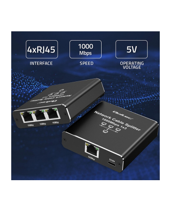 qoltec Rozdzielacz Splitter Ethernet mini SWITCH 1x3 RJ45 | 1000Mb/s |  USB-C | Aluminium