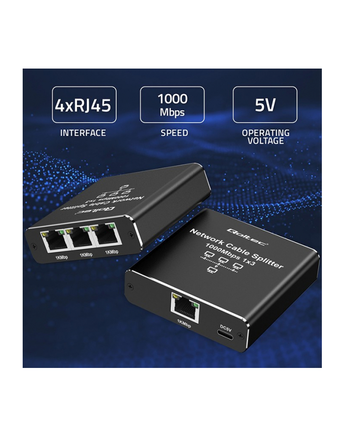 qoltec Rozdzielacz Splitter Ethernet mini SWITCH 1x3 RJ45 | 1000Mb/s |  USB-C | Aluminium główny
