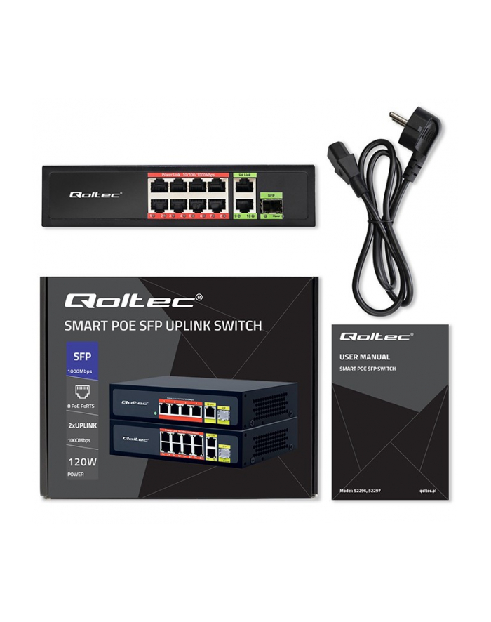 qoltec Przełącznik sieciowy SWITCH FAST Ethernet 8x RJ45 PoE 2x RJ45 Uplink 1x SFP | 120W | 1000Mb/s główny