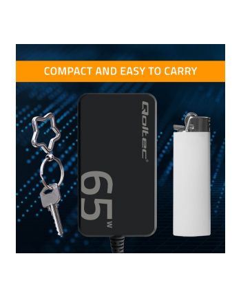 qoltec Ładowarka sieciowa 65W GaN Super Fast SLIM | PD | 5-20V | 3.25A |USB-C 3.1 | Laptop | MacBook | Smartfon | +kabel