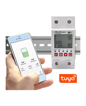 qoltec Przekaźnik 63A na szynę DIN z licznikiem energii elektrycznej |  Timer | Tuya | Wi-Fi | LED                                                    ~