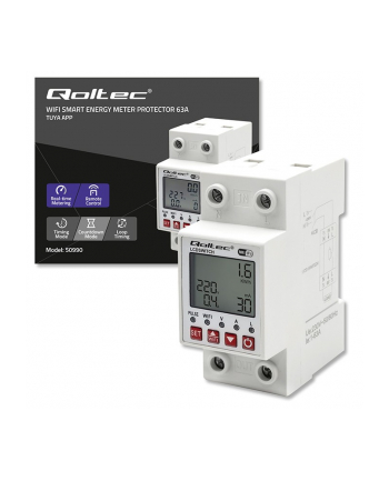 qoltec Przekaźnik 63A na szynę DIN z licznikiem energii elektrycznej |  Timer | Tuya | Wi-Fi | LED                                                    ~