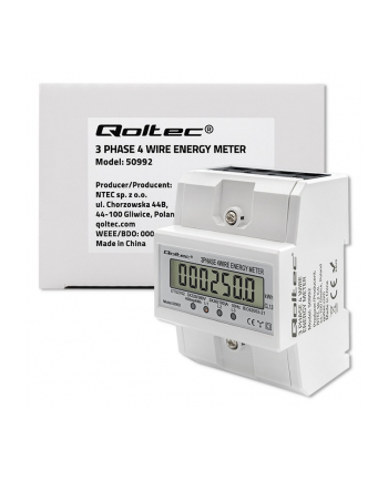 qoltec Trójfazowy elektroniczny licznik | miernik zużycia energii na szynę DIN | 400V | 100A | LCD | 4P