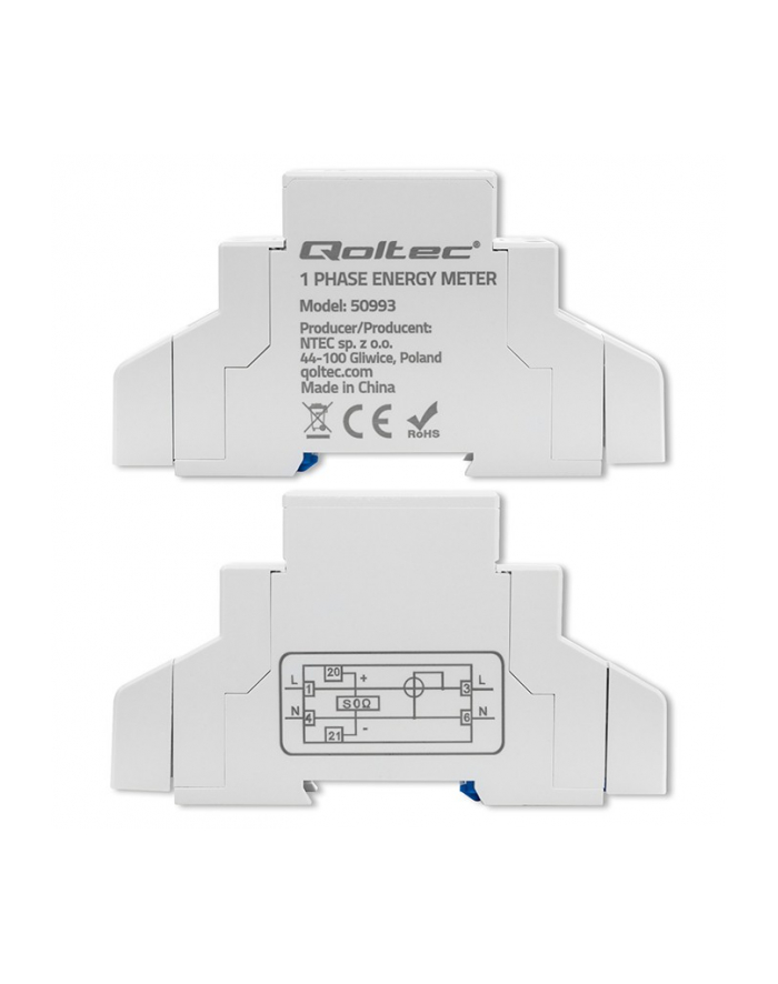 qoltec Jednofazowy elektroniczny licznik | miernik zużycia energii na  szynę DIN | 230V | 30A | LCD | 1P główny