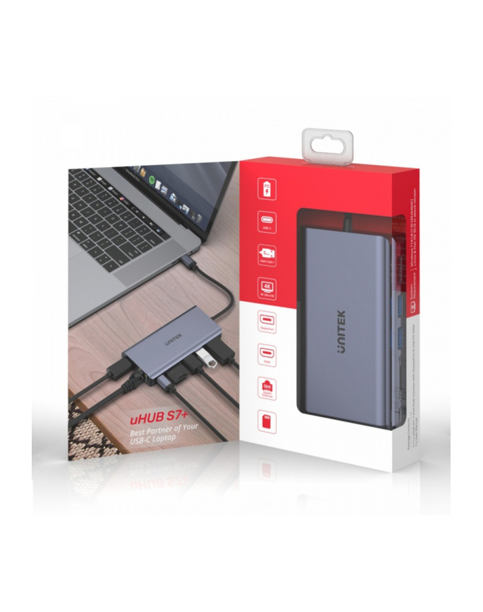 unitek HUB USB-C 2x USB 3.1, HDMI 2.0, DP 1.4, RJ45, SD, PD 100W, D1056A główny