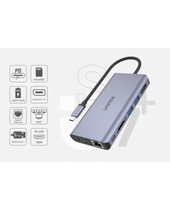 unitek HUB USB-C 2x USB 3.1, HDMI 2.0, DP 1.4, RJ45, SD, PD 100W, D1056A